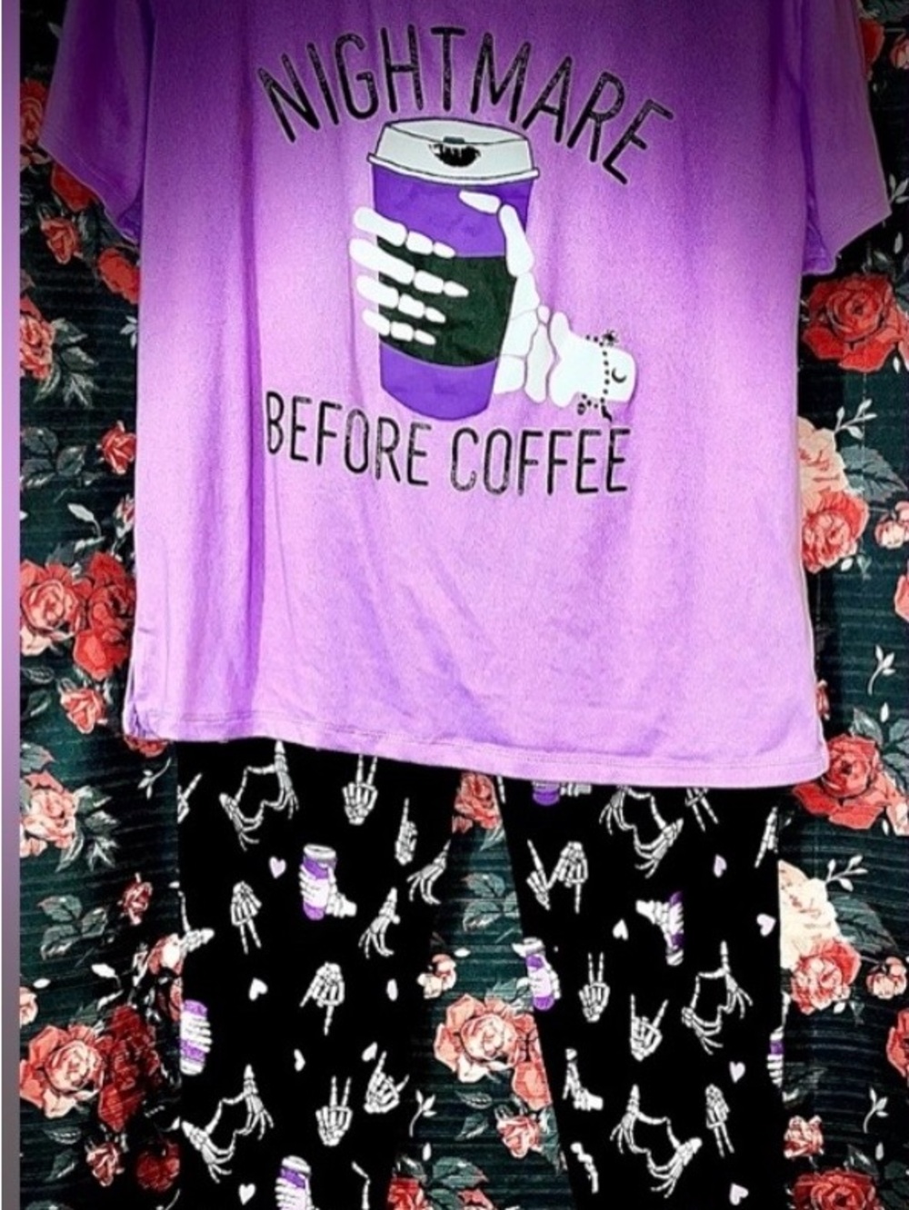 Halloween Coffee Women's Purple Pajama Set and accent pilllow bundle